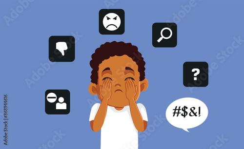 Unhappy Child Suffering from Online Bullying Vector Illustration. Stressed kid being anxious having problems on the social media 
