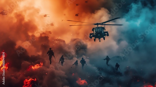 A helicopter hovers over a chaotic battlefield, surrounded by smoke and flames.  