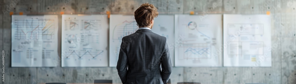 Business professional in a suit analyzing data on charts and graphs pinned to a concrete wall in a modern office setting. Business professional in a suit analyzing data on charts and graphs pinned to a concrete wall in a modern office setting.