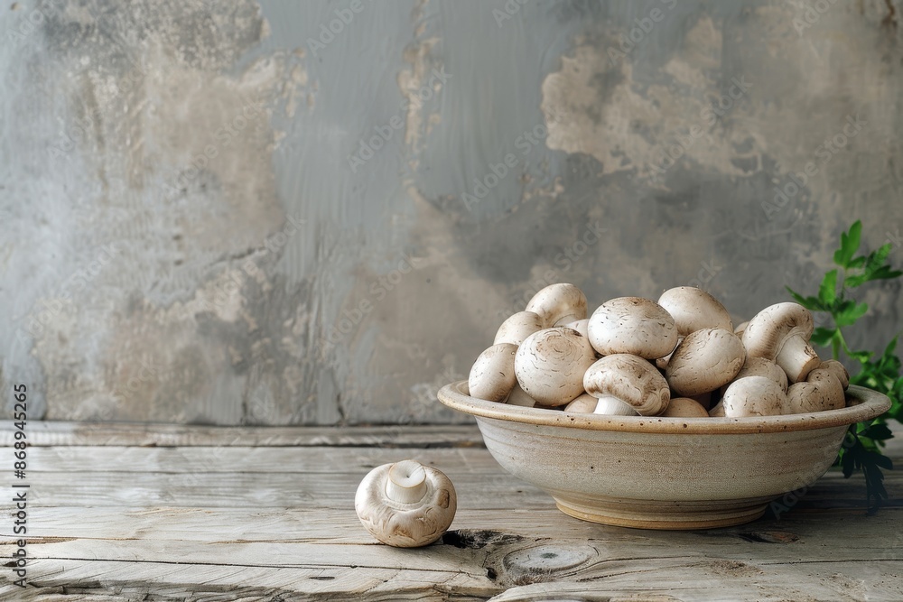 White Button Mushrooms in a Gray Bowl on a Wooden Table White Button Mushrooms in a Gray Bowl on a Wooden Table