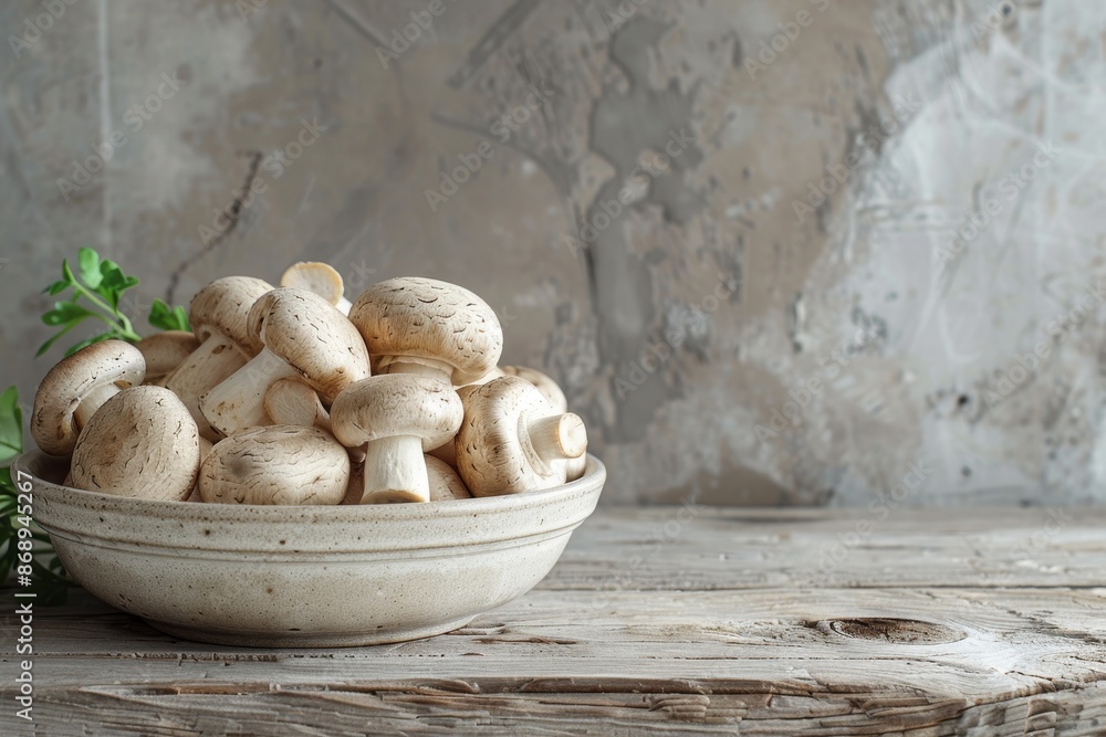 White Button Mushrooms in a Gray Bowl on a Wooden Table White Button Mushrooms in a Gray Bowl on a Wooden Table