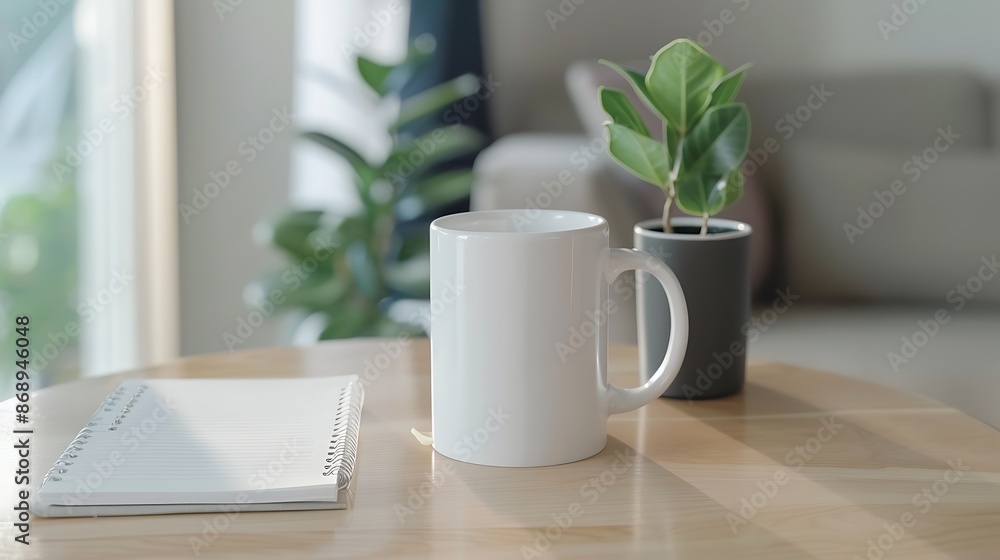 Minimalist interior with a small white mug, notepad, and plant on an oak table. Minimalist interior with a small white mug, notepad, and plant on an oak table.
