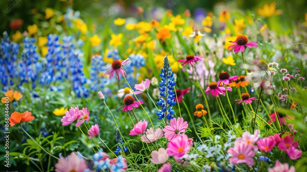 Naklejka premium Mountain meadow in sunny day. Natural summer landscape