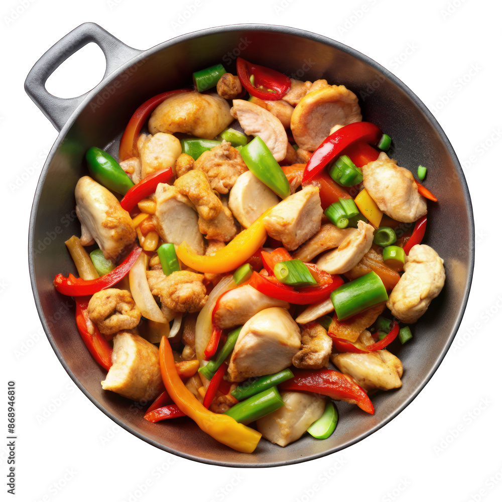 Cook chicken and peppers with onion garlic and ginger in a stir fry on transparent Cook chicken and peppers with onion garlic and ginger in a stir fry on transparent