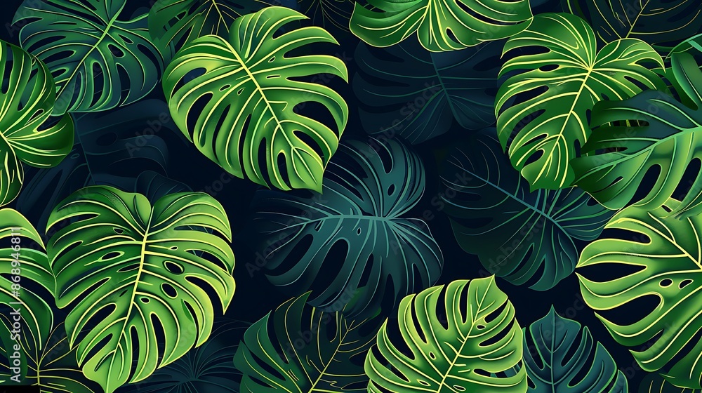 Tropical leaf line art background. Green monstera leaves pattern design wallpaper. illustration. Generative Ai Tropical leaf line art background. Green monstera leaves pattern design wallpaper. illustration. Generative Ai