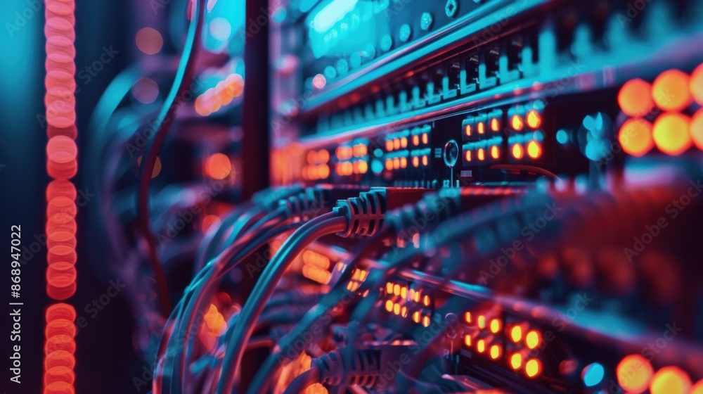 A close-up of a server rack with illuminated network cables and ports, representing the complex infrastructure of network security. A close-up of a server rack with illuminated network cables and ports, representing the complex infrastructure of network security.