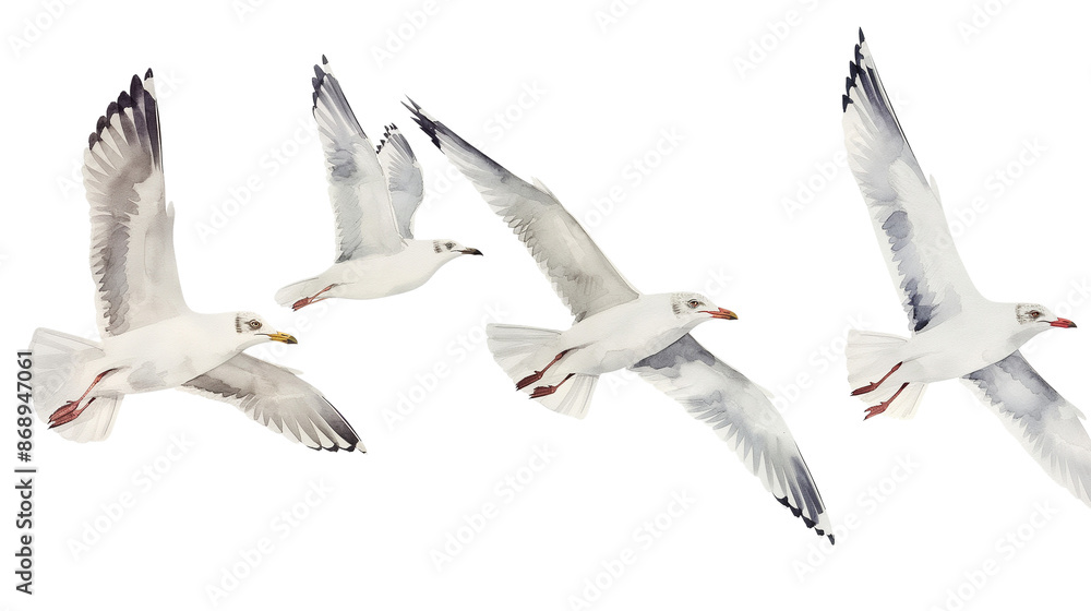 Obraz premium Seagulls flying in the watercolor sky isolated on a transparent background