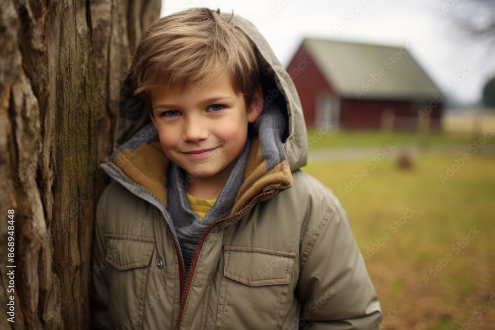 Portrait of a smiling little boy in a warm jacket in the countryside Portrait of a smiling little boy in a warm jacket in the countryside