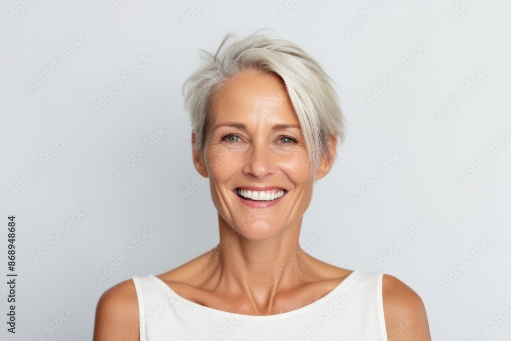 Portrait of a beautiful middle aged woman smiling at the camera while standing against grey background Portrait of a beautiful middle aged woman smiling at the camera while standing against grey background