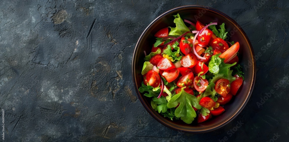 Top view of a vibrant salad bowl on a dark background, featuring a mix of fresh and colorful ingredients Top view of a vibrant salad bowl on a dark background, featuring a mix of fresh and colorful ingredients