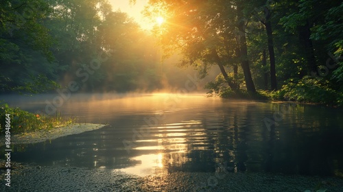 Misty Morning Sunlight Over River