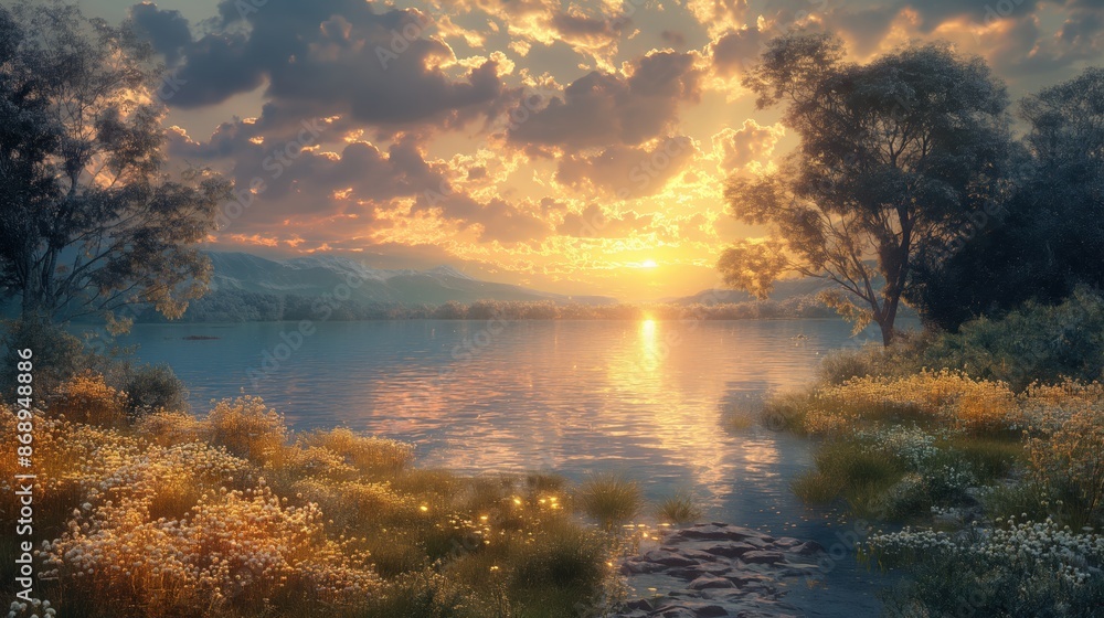 Golden Sunset Over Serene Lake