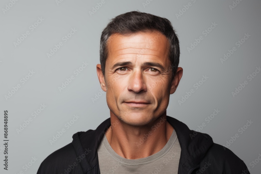 Portrait of a handsome middle-aged man looking at the camera with a serious expression, over grey background Portrait of a handsome middle-aged man looking at the camera with a serious expression, over grey background