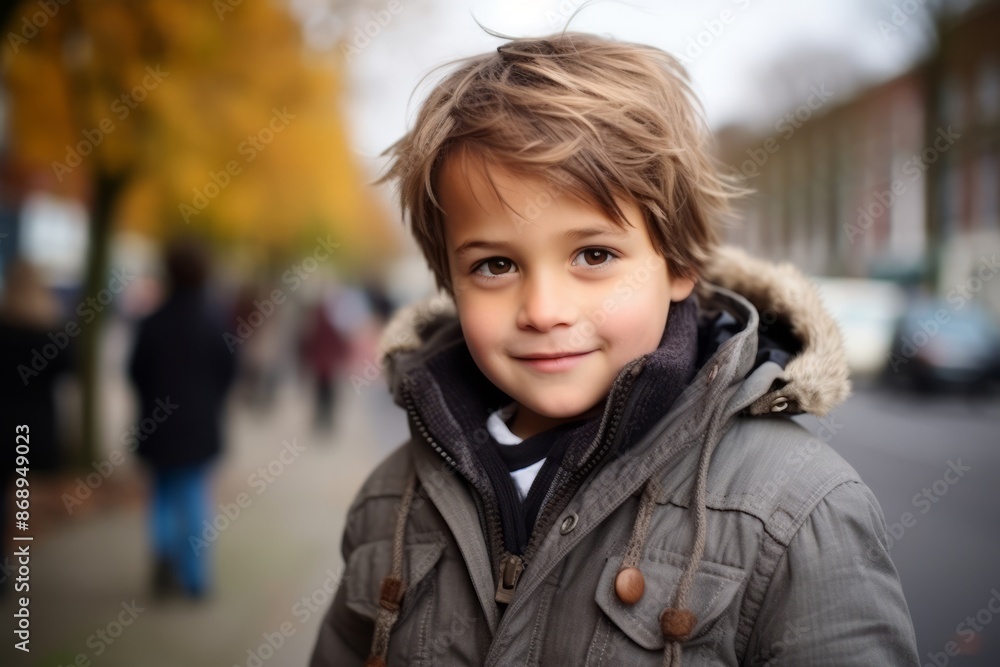 Portrait of a cute little boy in the street at autumn time Portrait of a cute little boy in the street at autumn time