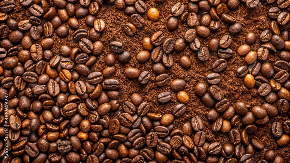 Obraz premium Scattered, warm-toned coffee grounds form a rustic, textured pattern on a clean, transparent background, evoking a sense of morning serenity.
