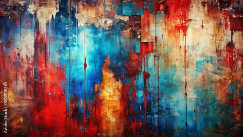 Vibrant, abstract grunge art piece featuring red and blue hues with heavily distressed, layered textures and organic, Expressionist patterns.