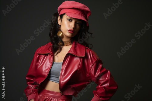 Beautiful asian woman in red leather jacket and beret on dark background © Stocknterias