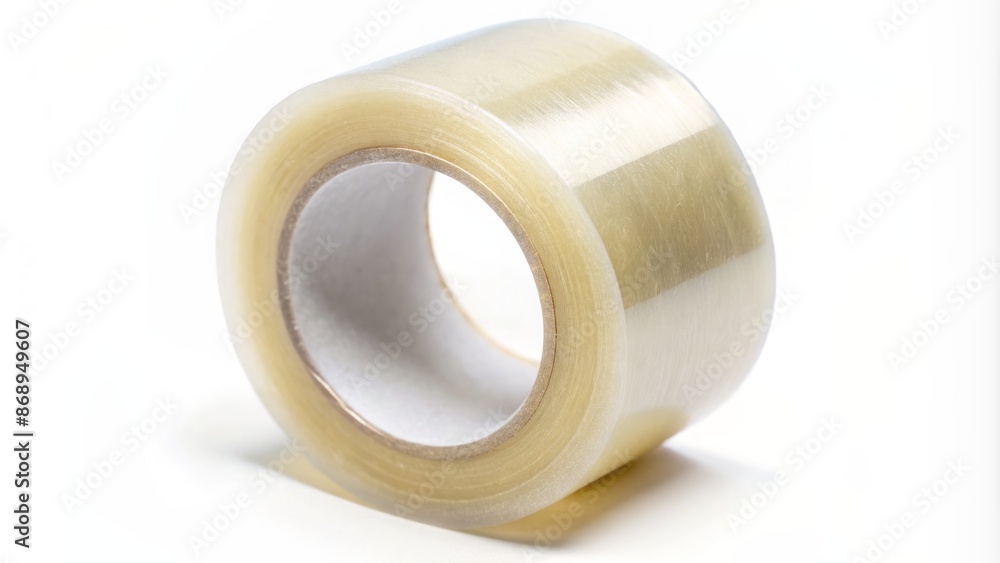 Macro shot of transparent adhesive strip wrapped around transparent plastic core on isolated pure white background. Macro shot of transparent adhesive strip wrapped around transparent plastic core on isolated pure white background.