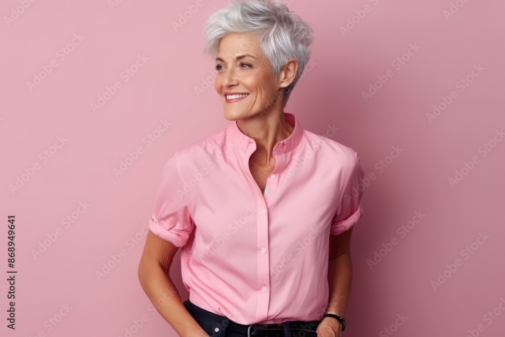 Portrait of smiling senior woman in pink shirt standing against pink background Portrait of smiling senior woman in pink shirt standing against pink background