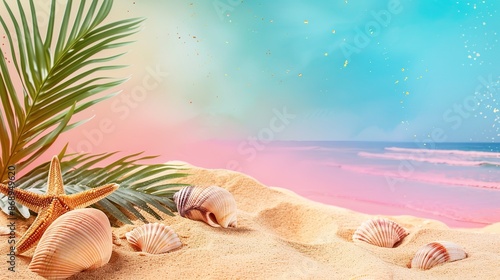 View of sandy beach with shells and palm tree with colored background photo