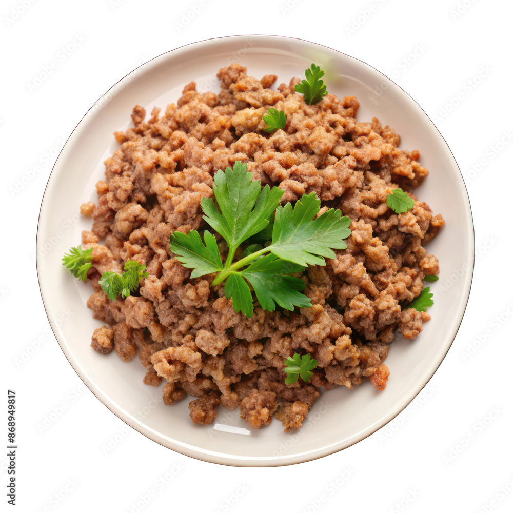 Earthenware dish with minced meat on white plate on transparent background Earthenware dish with minced meat on white plate on transparent background