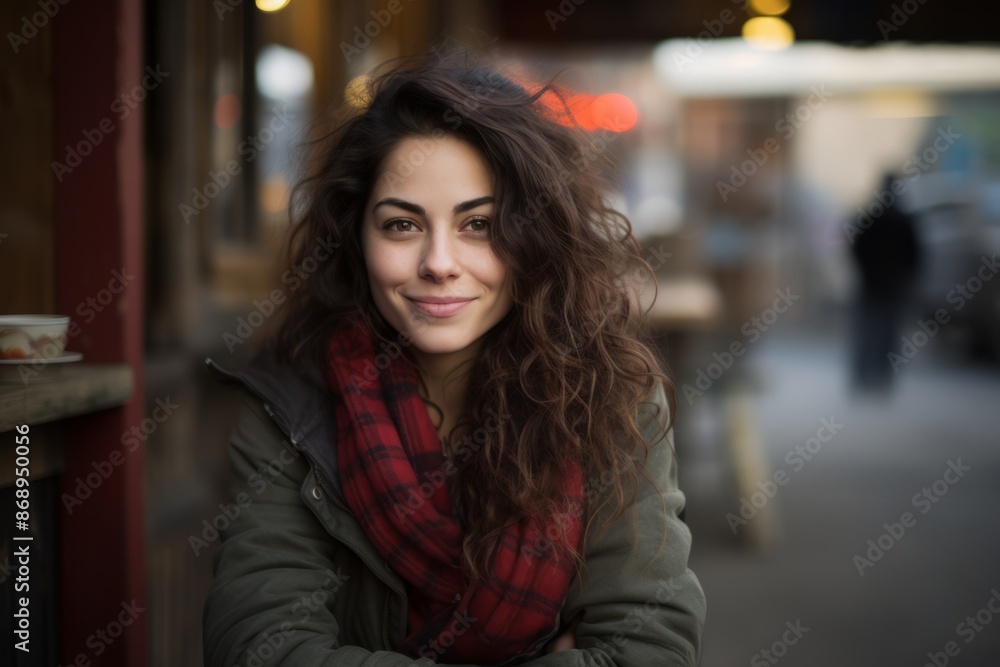 Portrait of a beautiful young woman with long curly hair in a cafe Portrait of a beautiful young woman with long curly hair in a cafe