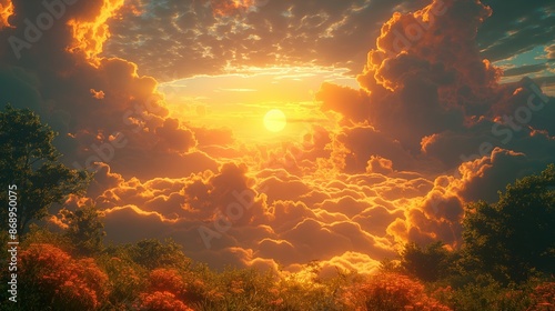 Golden Sunset Over Clouds and Flowers