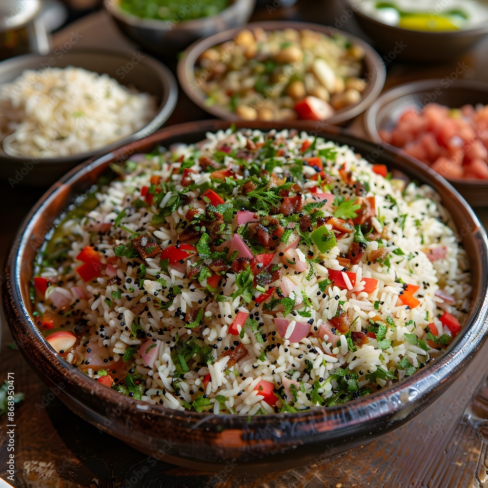 Close Up of a Bowl of Rice Salad with Herbs and Red Peppers Close Up of a Bowl of Rice Salad with Herbs and Red Peppers