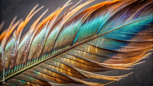 High-resolution, macro-photographed, intricately detailed, isolated falcon feather on a crisp, clean, white, studio-lit, subtle-shaded, contrasting background. photo