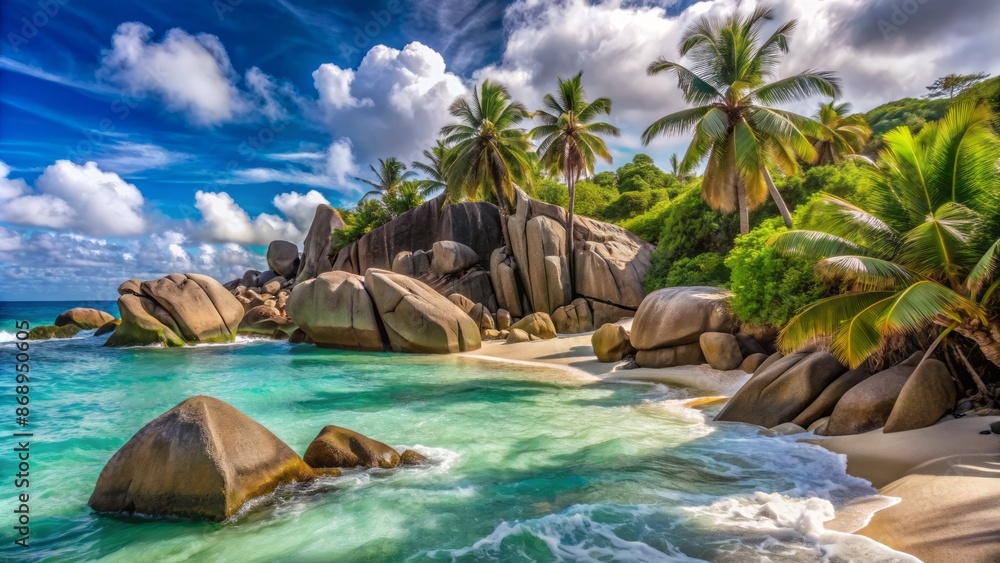 Naklejka premium Turquoise ocean waves gently lap against towering granitic boulders lining the pristine, palm-fringed shores of Seychelles iconic beach paradise.