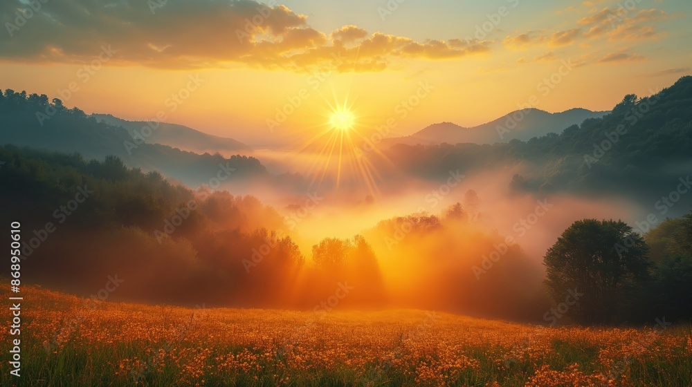 Obraz premium Sunrise Over Misty Valley with Wildflowers