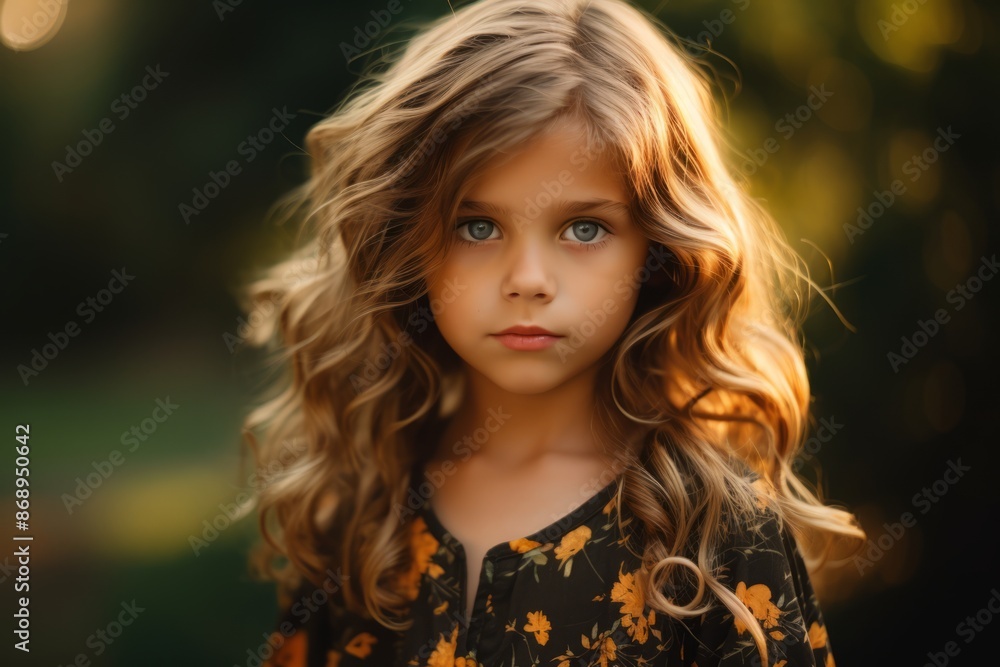 Portrait of a beautiful little girl with long curly hair in a park. Portrait of a beautiful little girl with long curly hair in a park.