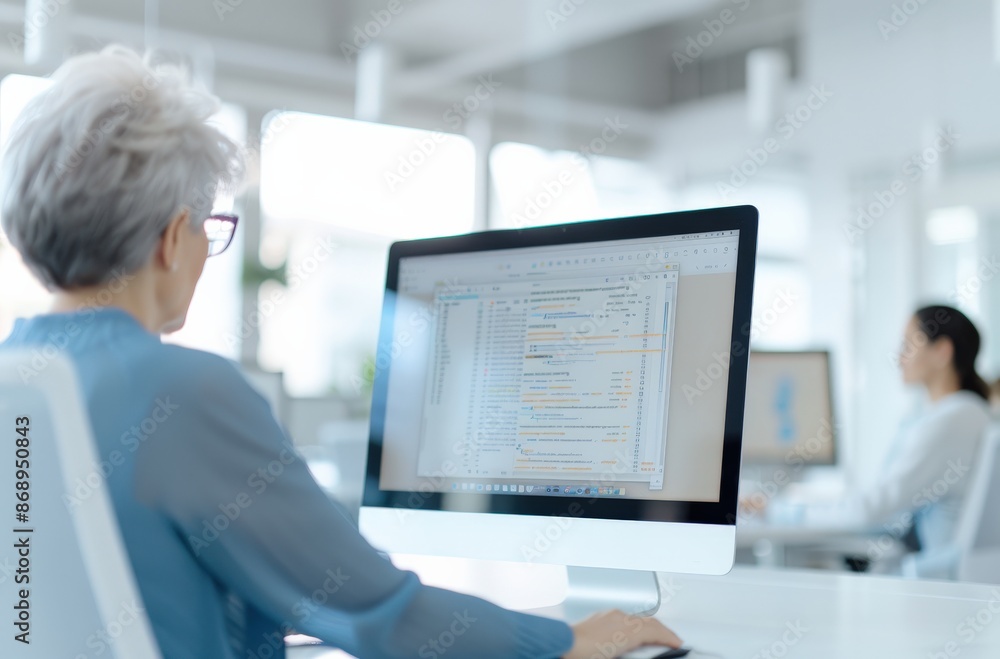 A senior woman in a blue shirt is working on a computer in a modern office. She is looking at the screen with focus and concentration. A coworker sits in the background. A senior woman in a blue shirt is working on a computer in a modern office. She is looking at the screen with focus and concentration. A coworker sits in the background.