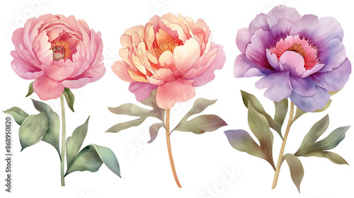 Set of watercolor peony flowers. Hand-drawn vector illustration. isolated on a transparent background