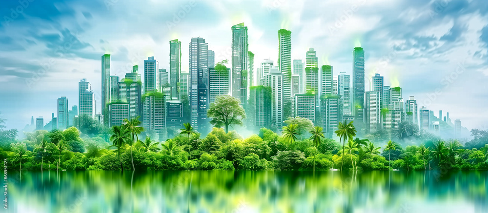 A cityscape with a green forest in the background. The city is surrounded by a body of water and the trees are lush and green. Concept of harmony between nature and urban life A cityscape with a green forest in the background. The city is surrounded by a body of water and the trees are lush and green. Concept of harmony between nature and urban life