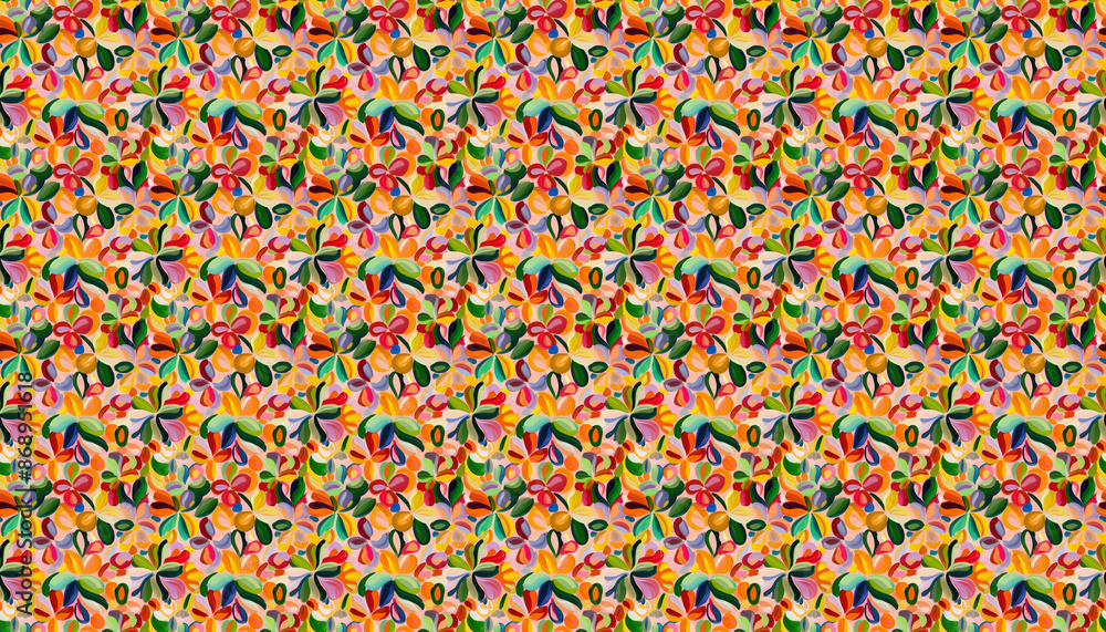 An extremely abstract pattern of flowers with vibrant colors, featuring an oil painting An extremely abstract pattern of flowers with vibrant colors, featuring an oil painting