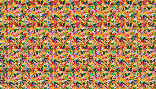 An extremely abstract pattern of flowers with vibrant colors, featuring an oil painting