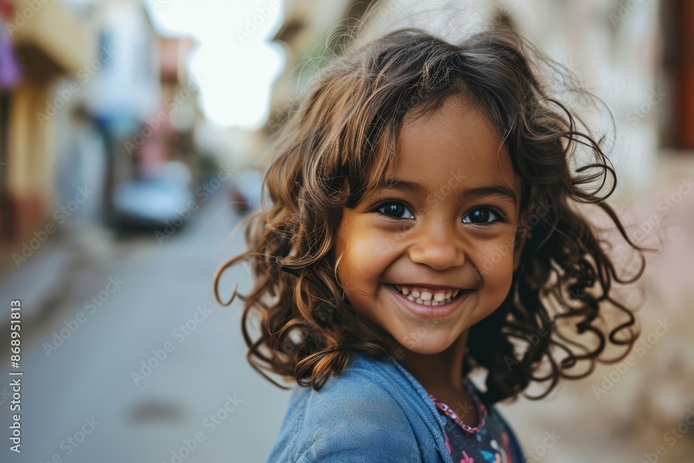 Fototapeta premium Portrait of a cute little girl with curly hair in the street
