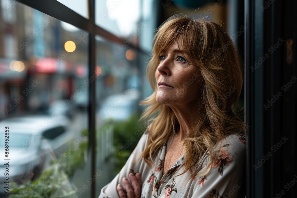 Fototapeta premium Portrait of mature woman standing in front of window in city.