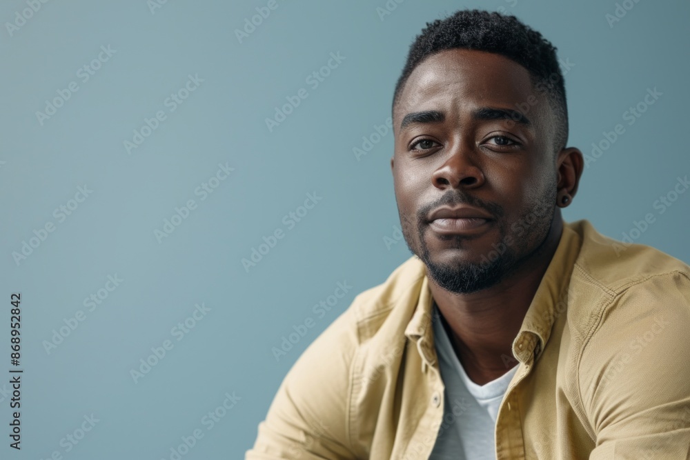 Fototapeta premium Serious african american man looking at camera, standing against blue background