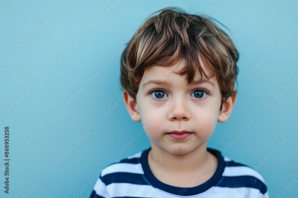 Portrait of a cute little boy looking at camera on a blue background Portrait of a cute little boy looking at camera on a blue background