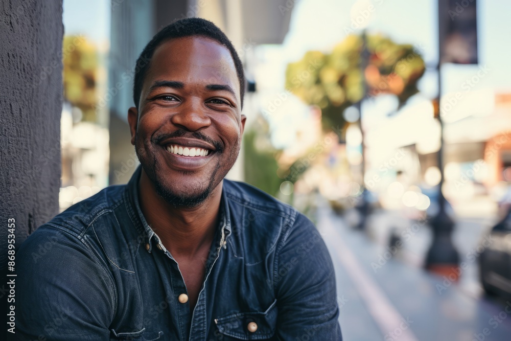 Fototapeta premium Portrait of a handsome african american man smiling while standing outdoors