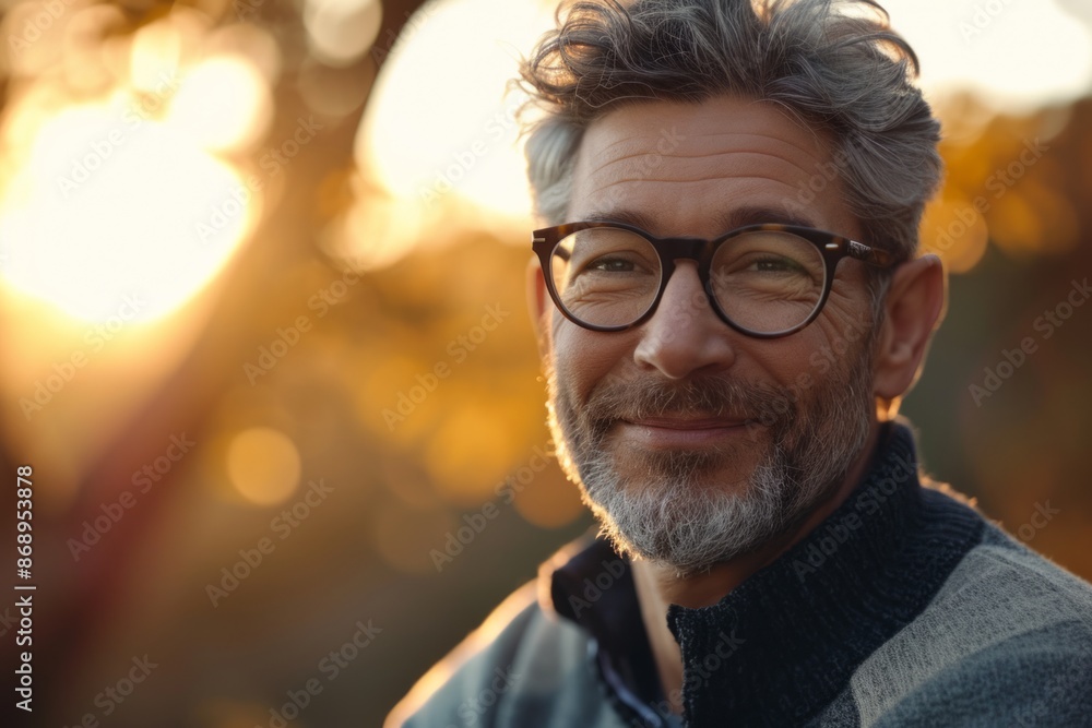 Portrait of a handsome middle-aged man with gray beard and glasses in the autumn park. Portrait of a handsome middle-aged man with gray beard and glasses in the autumn park.