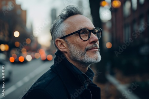 Portrait of a senior man with eyeglasses looking away in the city