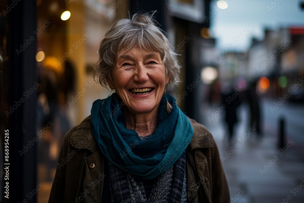 Portrait of an elderly woman in the city at night, smiling Portrait of an elderly woman in the city at night, smiling