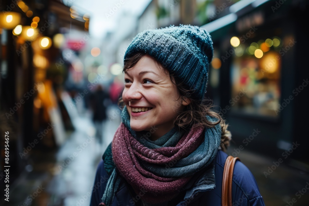 Portrait of a smiling woman in a hat and scarf on the street Portrait of a smiling woman in a hat and scarf on the street