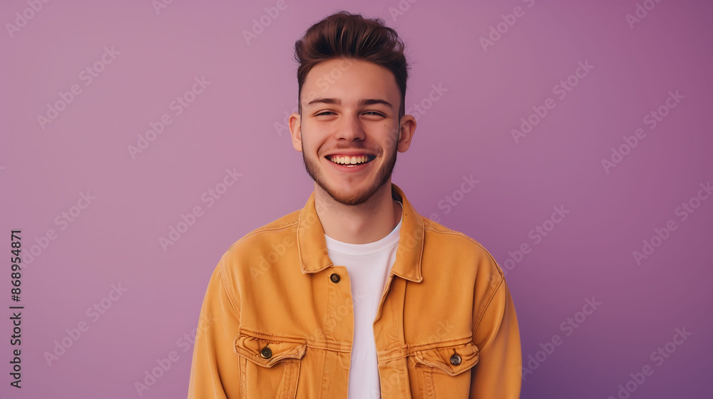 Fototapeta premium A smiling millennial man, looking confidently at the camera against a solid lavender background