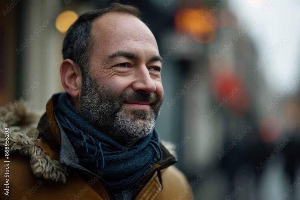 Portrait of a middle-aged man in a coat and scarf on a city street Portrait of a middle-aged man in a coat and scarf on a city street