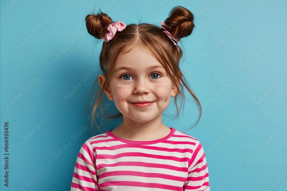 Portrait of cute little girl with freckles looking at camera over blue background Portrait of cute little girl with freckles looking at camera over blue background