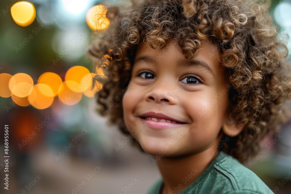 Portrait of a cute little boy with curly hair in the city Portrait of a cute little boy with curly hair in the city